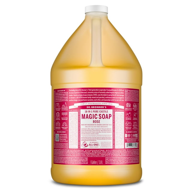 Jabón líquido puro de Castilla Dr. Bronner's Magic Soap (rosa, 3,8 litros) - Hecho con aceites orgánicos, 18 usos en 1: rostro, cuerpo, cabello, ropa, mascotas y vajilla. Concentrado, vegano, sin OMG.