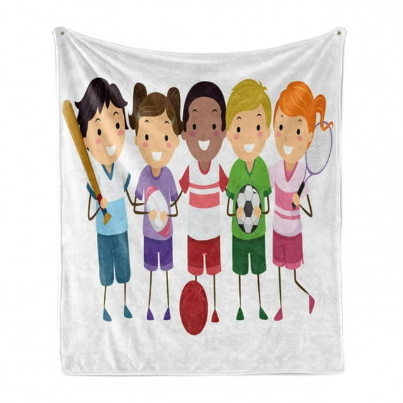 Sports Soft Flannel Fleece Throw Blanket, Children Team Playing Football Baseball Tennis Little Athletes Game Cartoon, Cozy Plush for Indoor and Outdoor Use, 70" x 90", Multicolor, by Ambesonne