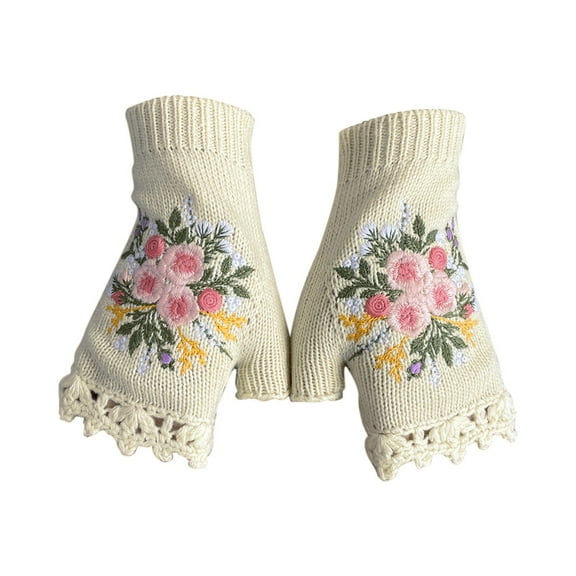 GZEFJRQM Knit Gloves Womens Hand Embroidered Flower Gloves Winter Handmade Embroidery Knit Fingerless Gloves Warm Hand Woven Gloves Christmas Gifts
