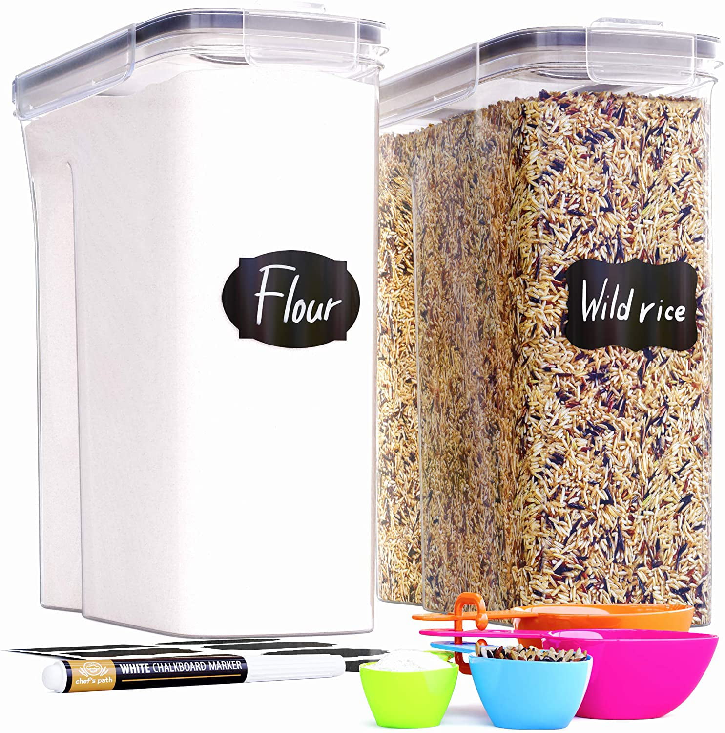 Simply Gourmet Airtight Food Storage Containers - Set of 3 Flour and Sugar Canisters for Pantry Storage and Organization - Marker & Labels Included