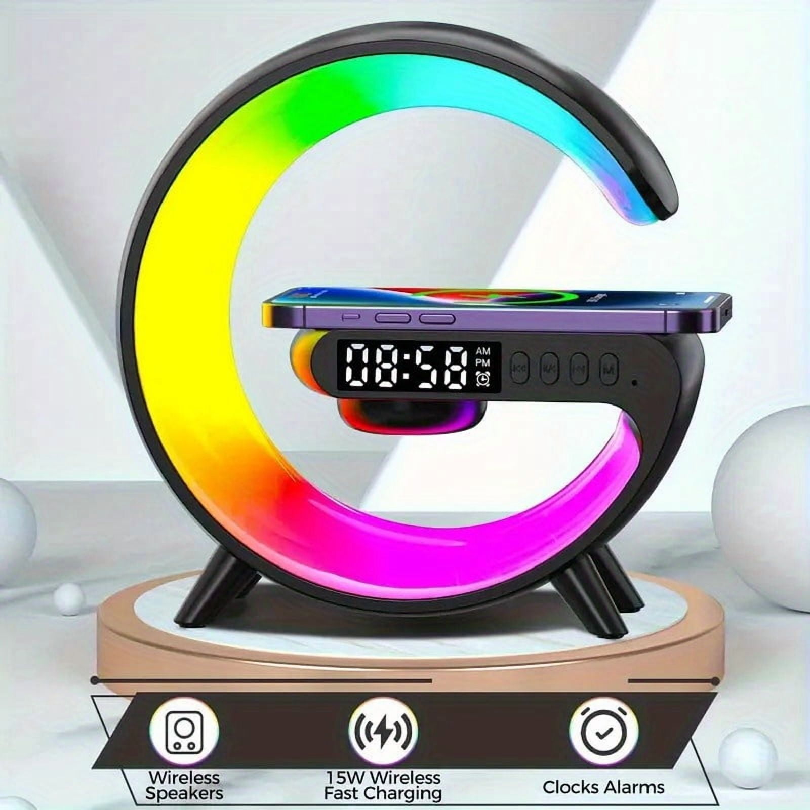 Multifunctional Wireless Charging Station with RGB LED Night Light, Alarm Clock and Hi-Fi Portable Speaker, Fast Charging Dock Compatible with iPhone Series, Perfect Holiday Gift