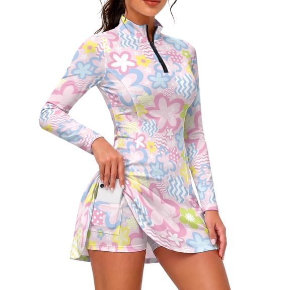 TSOVTHRID Lightweight Golf Dresses for Tennis, Quick Dry Fabric Slim Tailored Fit 1/4 Zip Long Sleeve Athletic Golf Dress, Cartoon Flower Design, Size Small