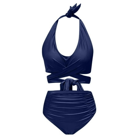 Womens Bikinis Summer Solid Color Halter Bra And Panty Set Fashion High Waist Two Piece Tankini Swimsuits For Women Holiday Wear Blue M