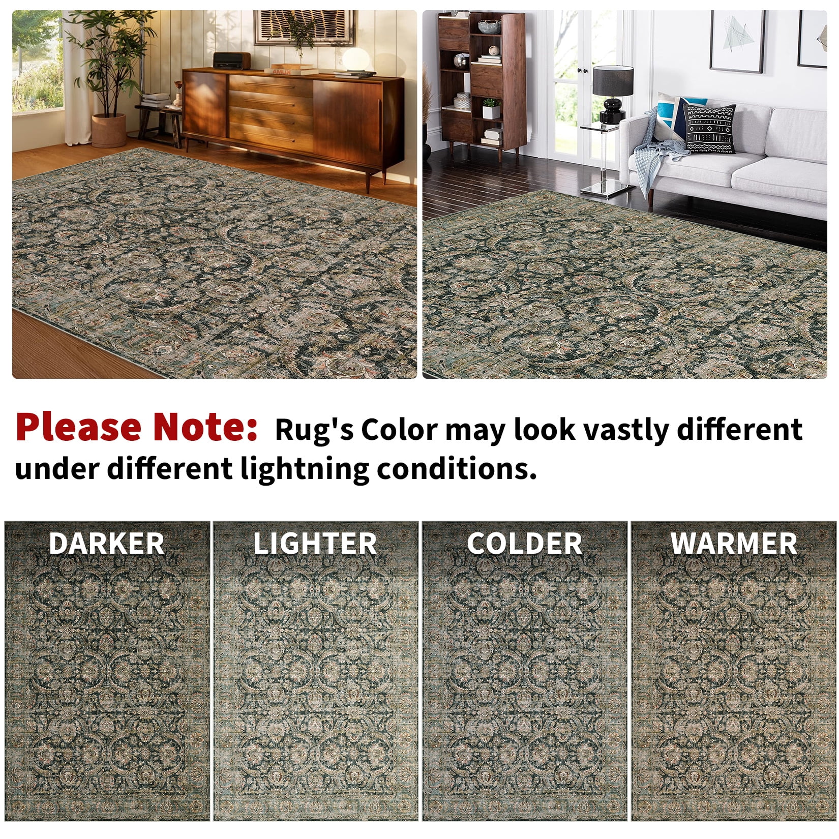 HOMERRY Washable Area Rug 5' x 7' Throw Rug for Living Room Vintage Floral Indoor Floor Cover, Black