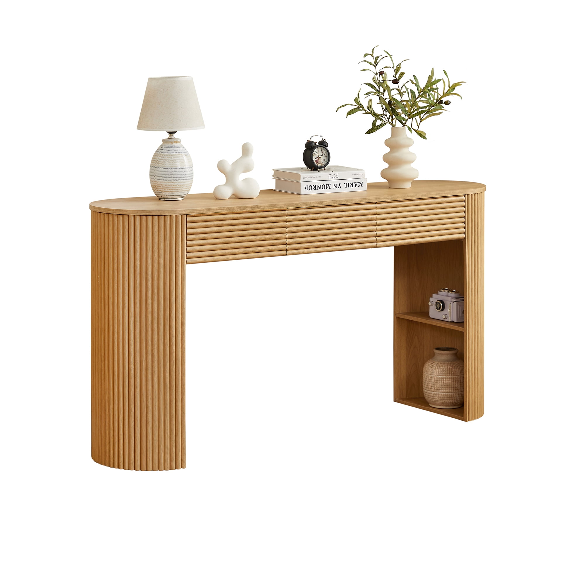 Euroco 59.8" Long Console Table with 3 Drawers,Fluted Entryway Table with Open Storage Shelf, Modern Sofa Table Behind The Couch for Entryway, Hallway, Living Room,Natural