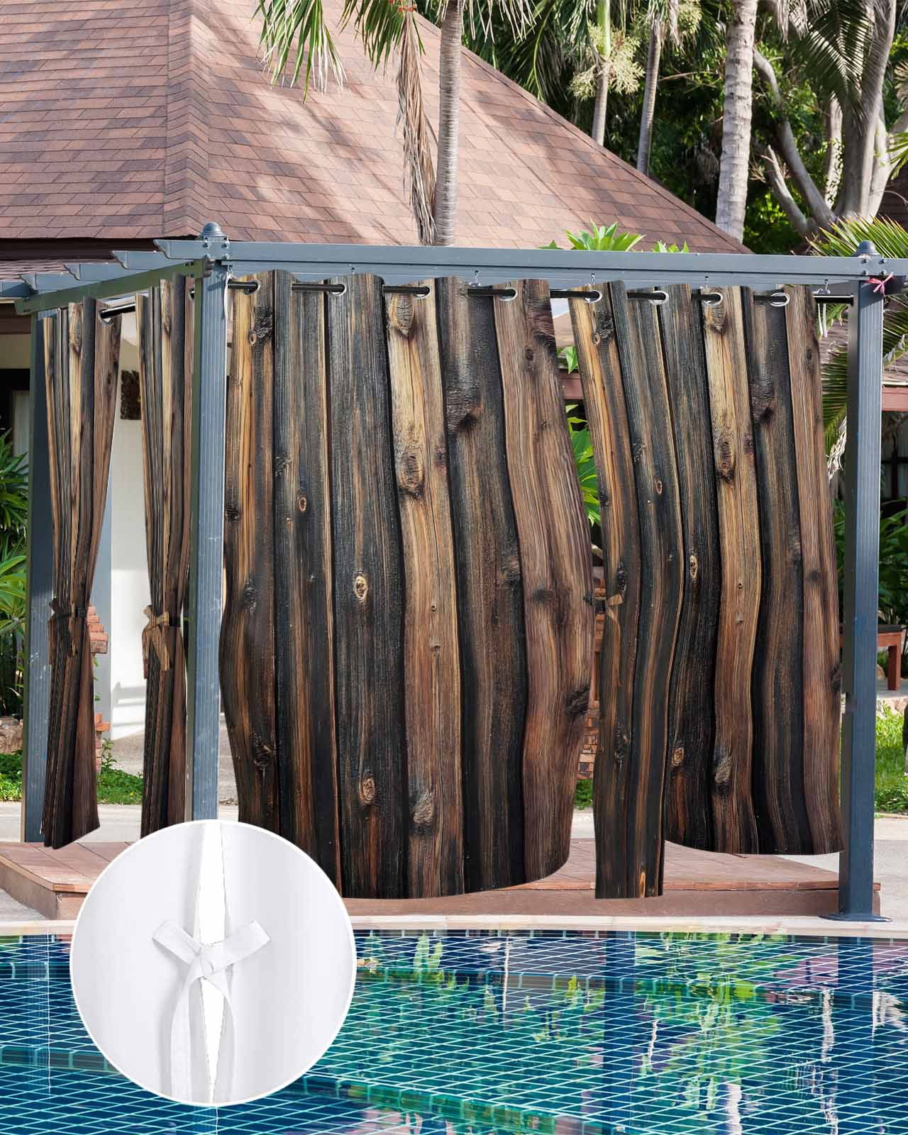 nqOlkjepod Outdoor Curtains for Patio Waterproof, Farmhouse Wooden Outdoor Privacy Panels Grommet, Brown Modernism Retro Blackout Outside Curtains for Porch/Cabana/Pergola/Gazebo 54"x84", 2 Panels