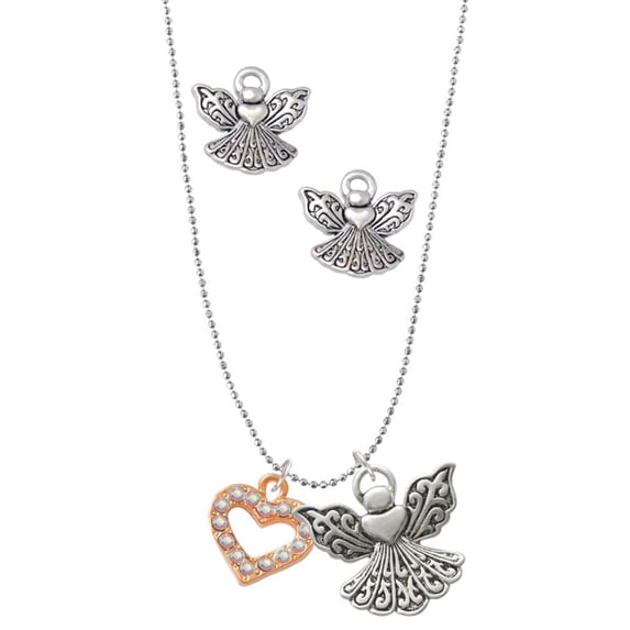 Delight Jewelry Rose Goldtone AB Crystal Open Heart Silver tone Guardian Angel Charm Necklace and Stud Earrings