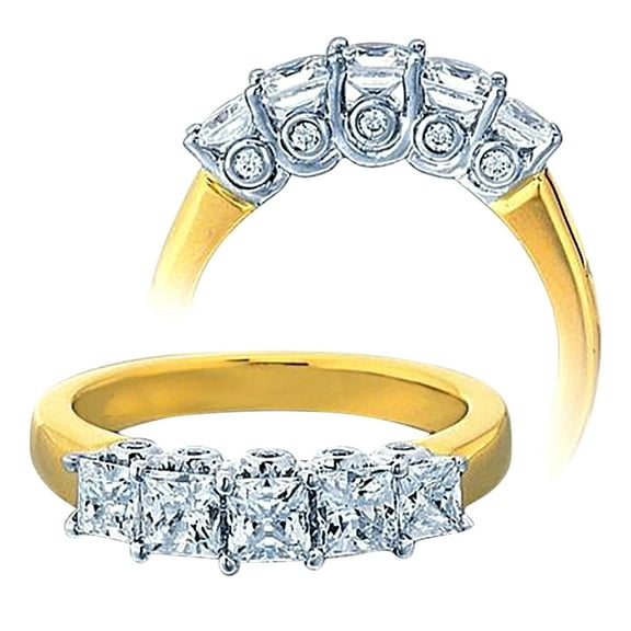 Man made diamond moissanite Engagement Ring 2.00 Carat Five Stone Princess Man made diamond moissanite Diamond and for Her in Sterling Silver with Yellow Gold Plating