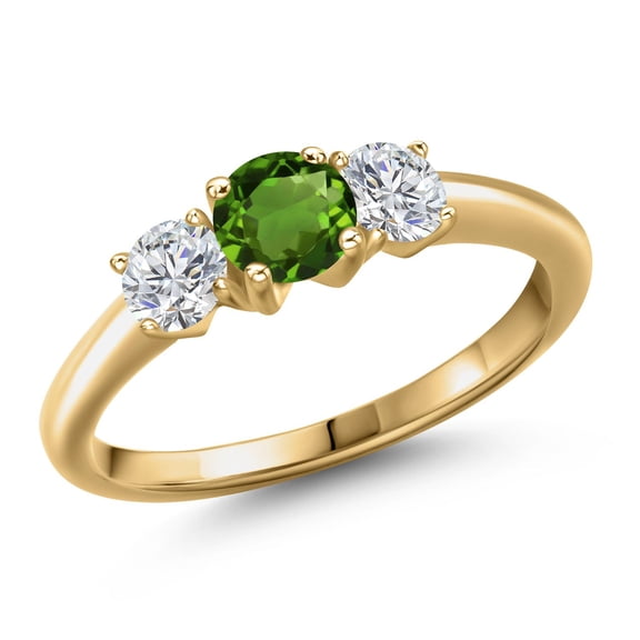 Gem Stone King 18K Yellow Gold Plated Silver Green Chrome Diopside and Lab Grown Diamond Engagement Ring for Women | 1.04 Cttw | Round 5MM | Gemstone Birthstone | Size 9