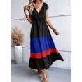 thumbnail image 2 of Women Party Color Block Dress High Waist Short Sleeve Maxi V Neck Dress Casual Ruched Ruffle Hem Dress Color 3 L, 2 of 7