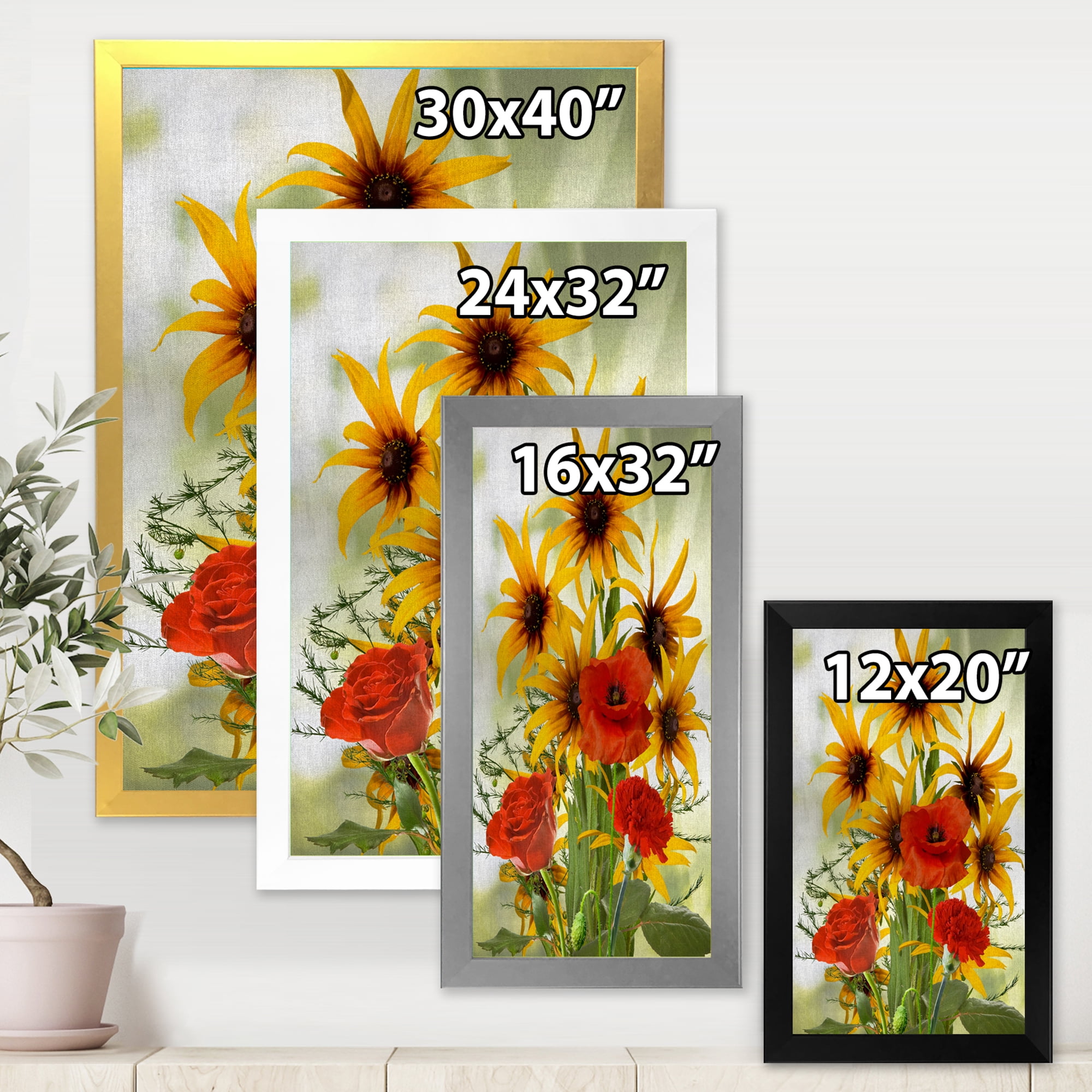 Designart 'Poppies and Sunflowers In The Wild' Traditional Framed Art Print