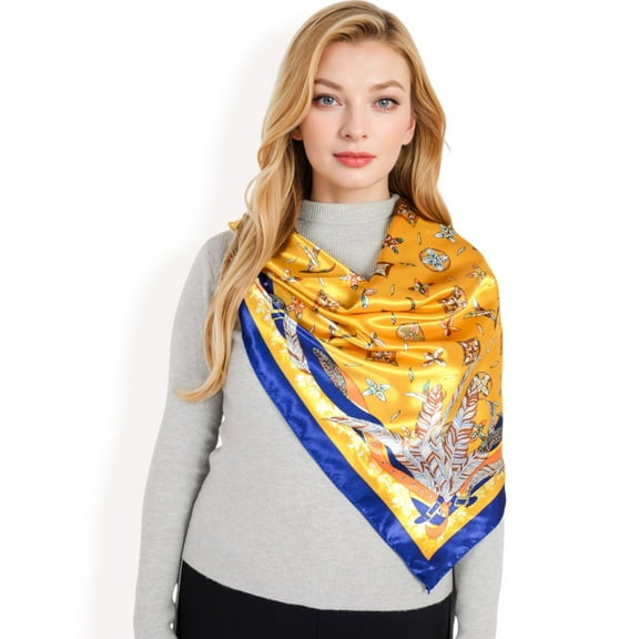 Women's Vintage-Inspired Satin Square Scarves with Vibrant Patterns and Bold Feather and Butterfly Motifs-Yellow