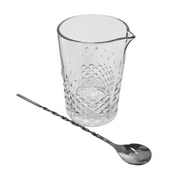 Cocktail Mixing Glass and 10-inch Bar Spoon, Crystal Diamond-Cut Pattern, 25 Ounce Capacity