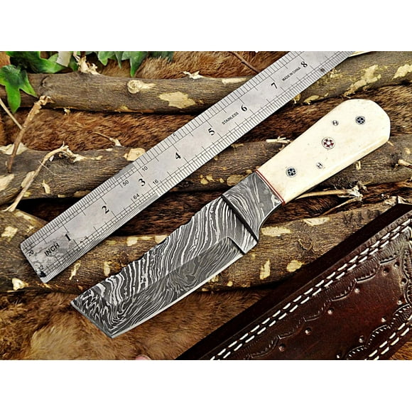 8" Long hand forged Damascus steel Tanto blade pocket knife, custom made skinning Knife, Available in Bull horn, Camel bone, and wood scales with Damascus Bolster, Cow hide leather sheath (Camel Bone)