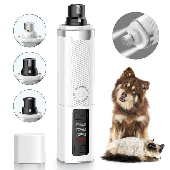 Dog Nail Grinder, Pet Nail Trimmer for Dog Cat w/Lights, Low Vibration, LCD Display, Quiet 3 Speeds Electric Pet Nail Polisher, Clipper Grooming Tool for All Breed, White