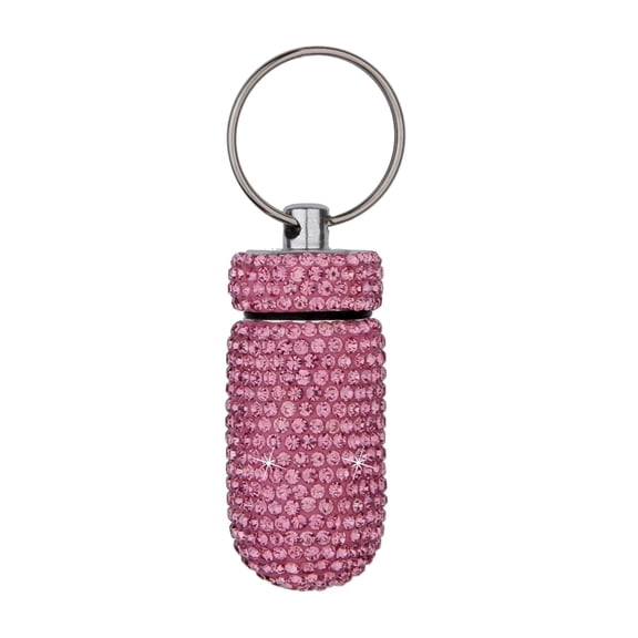 Bling Keychain Pill Holder,Crystal Rhinestones Waterproof Pill Bottle Organizer,Cute Small Pill Container for Travel Outdoor Camping,Pink
