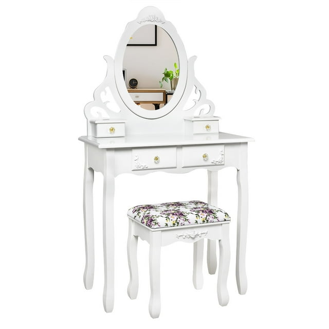 Costway Makeup Table & Stool Set Wood Vanity Dressing Desk W/Mirror and 4 Drawers
