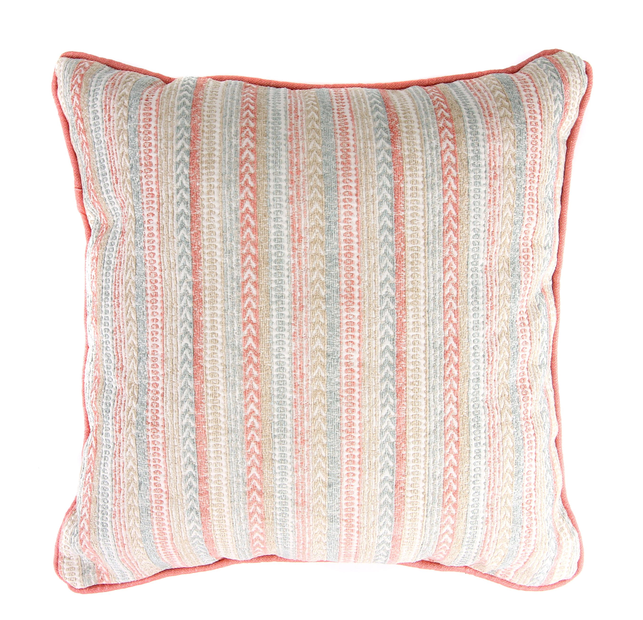 Jordan Manufacturing 18" x 18" Ellyn Coral, Light Blue and Sage Stripe Square Knife Edge Decorative Throw Pillow with Welt