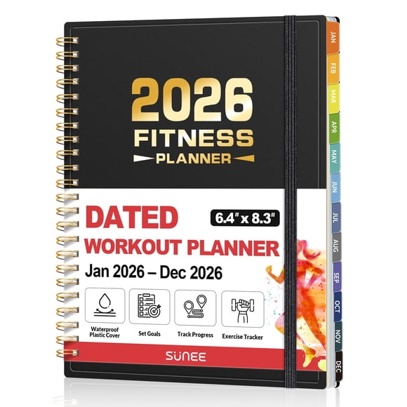 2026 Fitness Workout Journal Planner for Women & Men, from JAN 2026 - DEC 2026 Exercise Planner, 6.4" x 8.3" Fitness Tracker Journal Essentials for Goals, Tracking, Gifts with PVC Plastic Cover, Black
