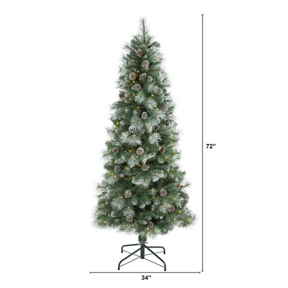 Nearly Natural 6ft. Frosted Tip British Columbia Mountain Pine Artificial Christmas Tree with 250 Clear Lights, Pine Cones and 588 Bendable Branches