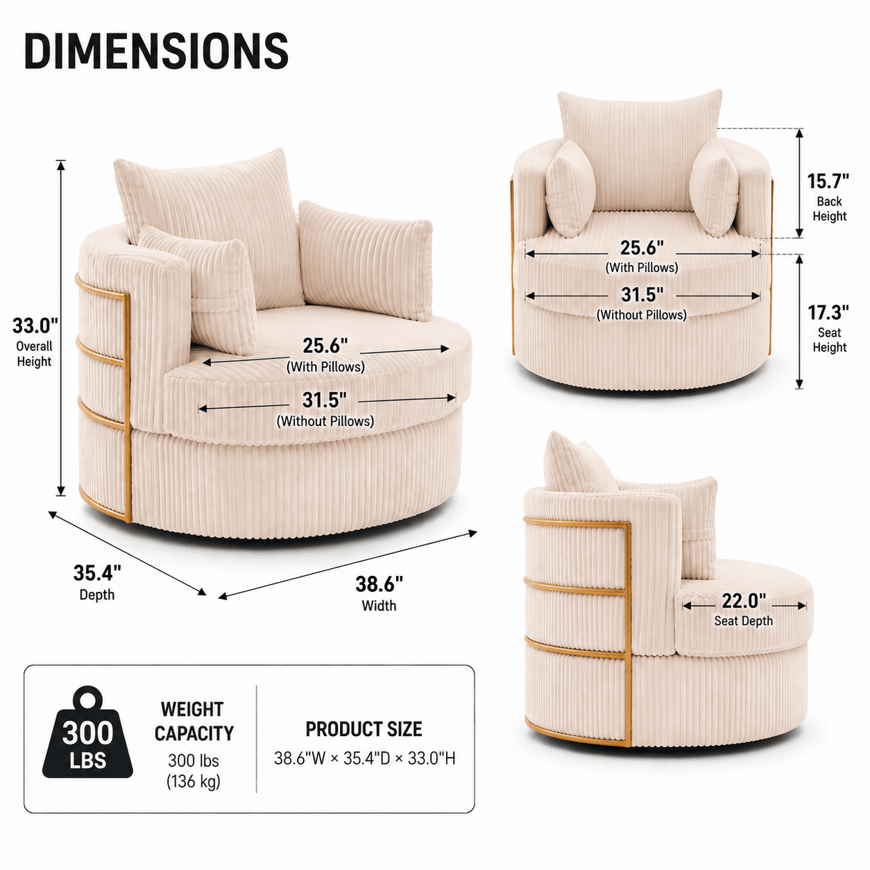 MOONMISS Swivel Barrel Accent Chair with Hidden Storage,Corduroy Round Single Sofa,Gold Metal Frame,for Living Room Reading Nook,Beige