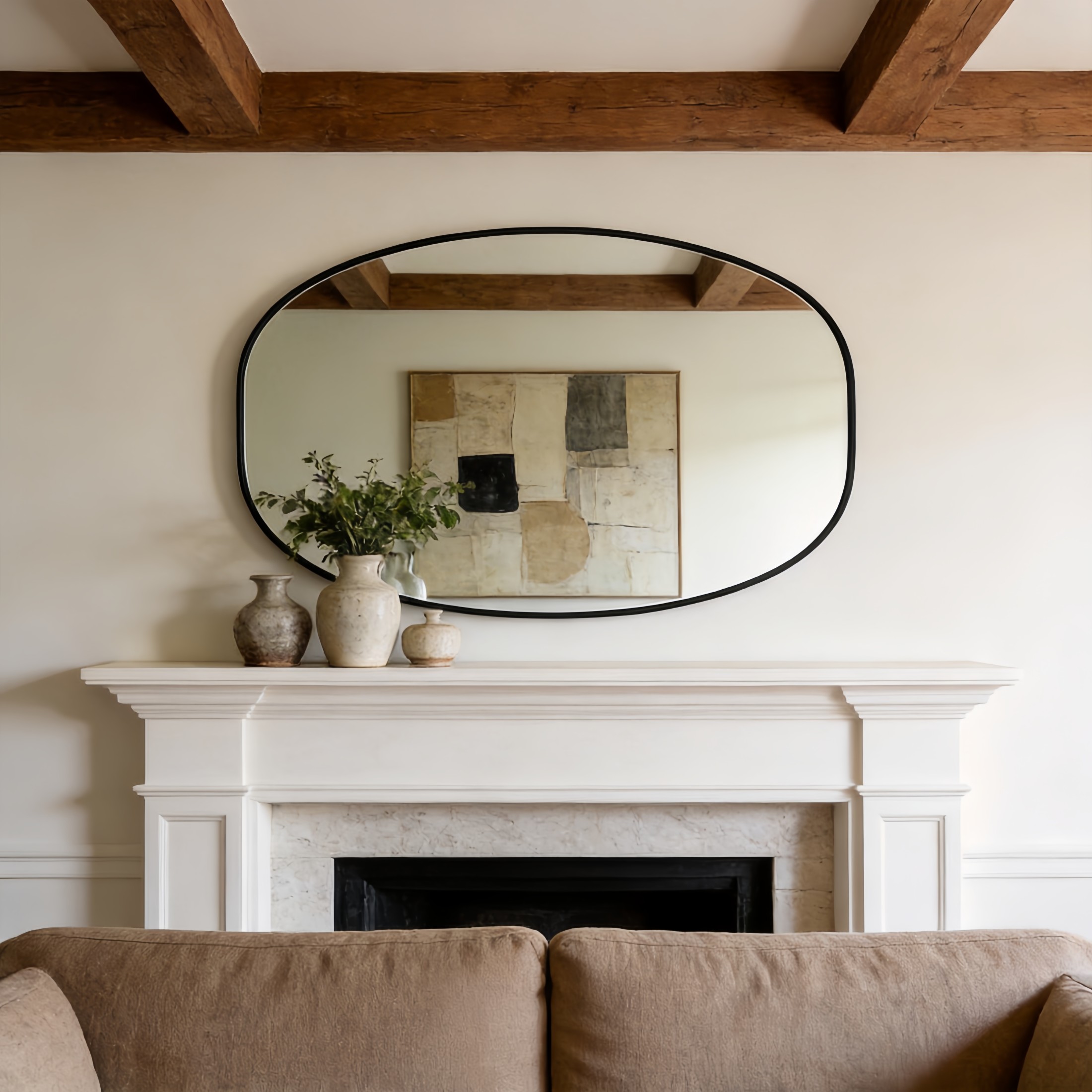 Noble House 24"x36" Unique Metal Framed Oval Wall Mirror, Modern Oblong Vanity Mirror for Bathroom & Entryway, Black