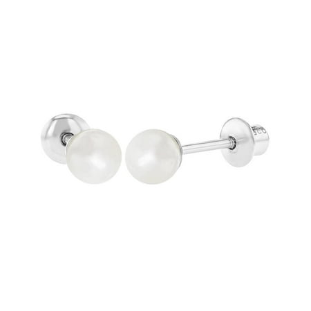 Childrens Sterling Silver Birthstone Earrings - 925 Sterling Silver White Simulated Pearl Screw Back Baby Girl Kids Earrings