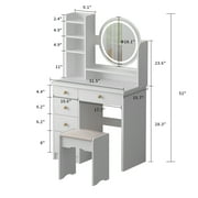 MONSLIPA Makeup Vanity Dressing Table w/Drawers and Shelves, Sturdy Vanity Set w/Lighted Mirror, White Dresser Desk & Cushioned Stool