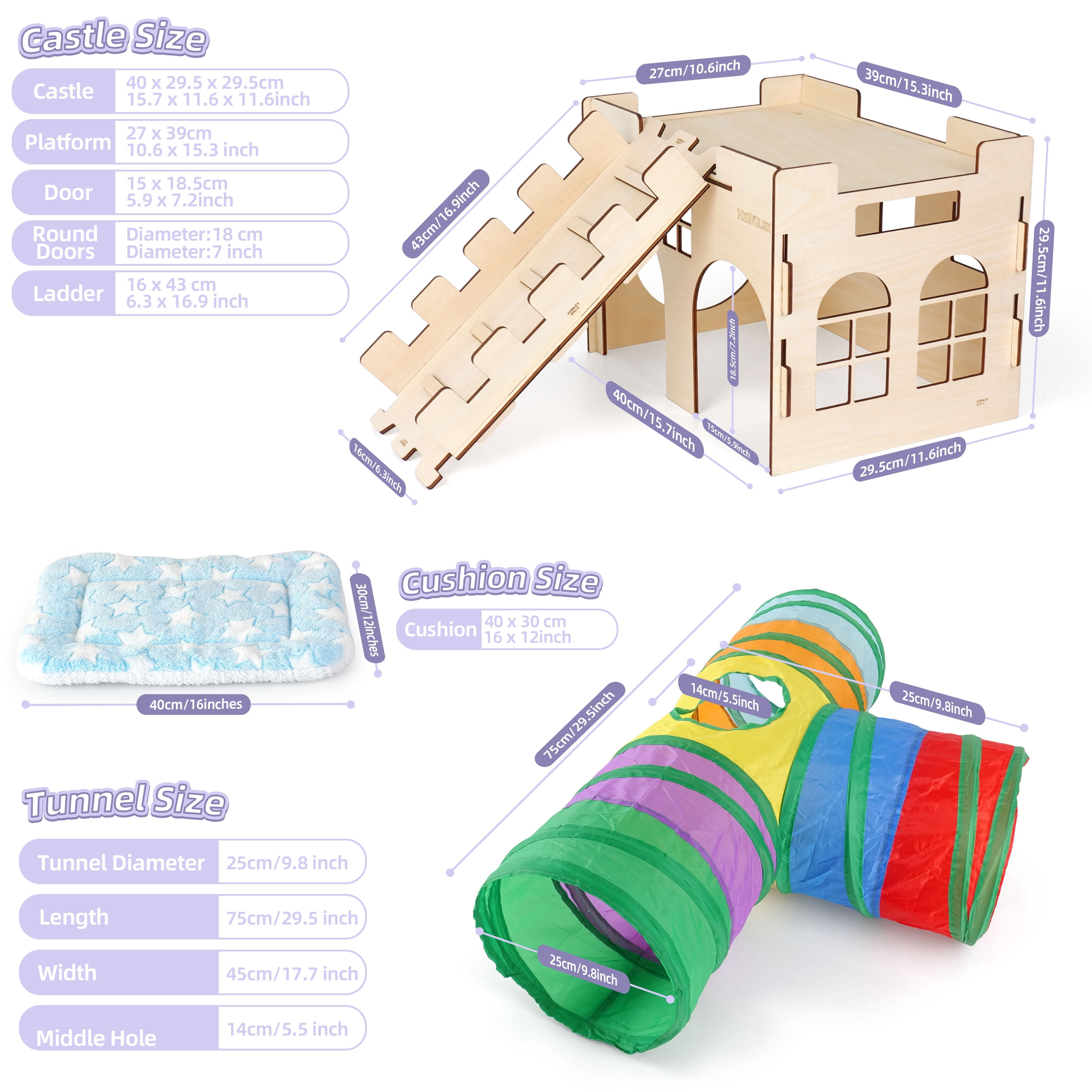 HIIMALEX Castle&Tunnel&Bed 3-in-1 Bunny's Gift Box: Extra Large Wooden Bunny Hideout with Ramp, Collasiple Tunnel and Soft Bed for Rabbit Guinea Pig Ferret Gerbil Hedgehog to Play Hide and Rest