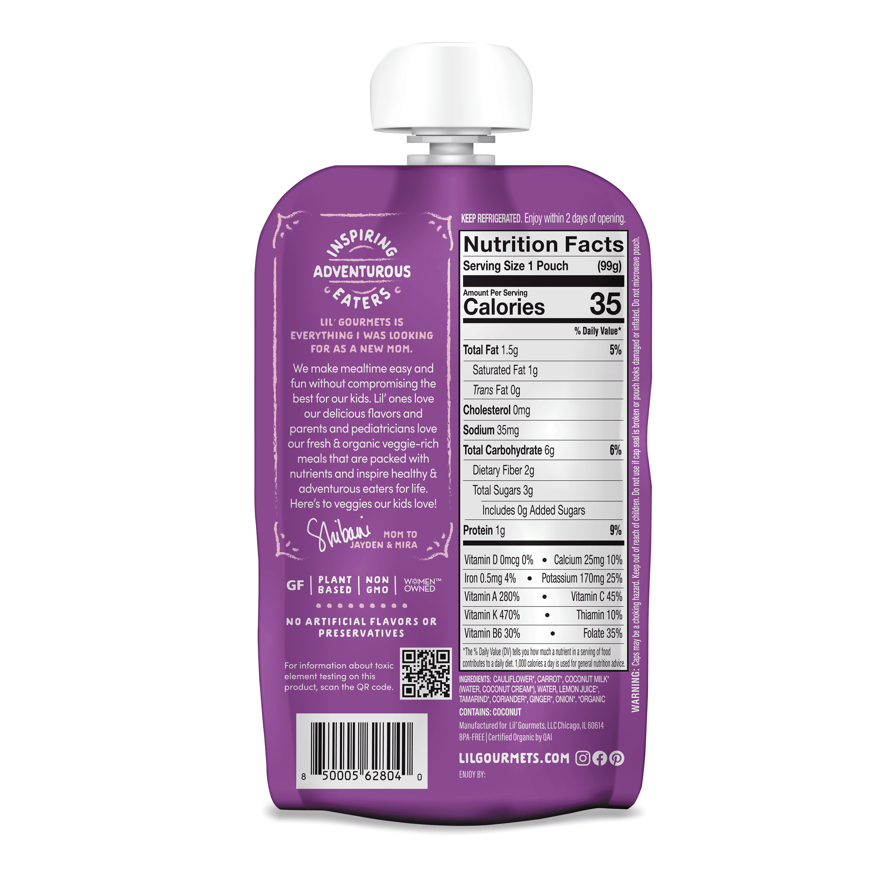 (6 pack) Lil' Gourmets Refrigerated Stage 2 Baby Food , Australian-Inspired Cauliflower & Carrot,  3.5 oz Pouch