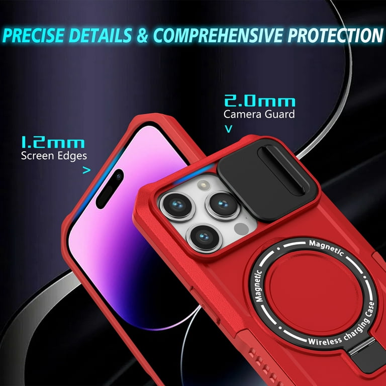 Phone Case for iPhone 15 Pro with Sliding Camera Cover, Hand Grip Anti Slip  Design Kickstand Ring Holder Hybrid Magnetic Wireless Charging Phone Cover  for Apple iPhone 15 Pro - Red 