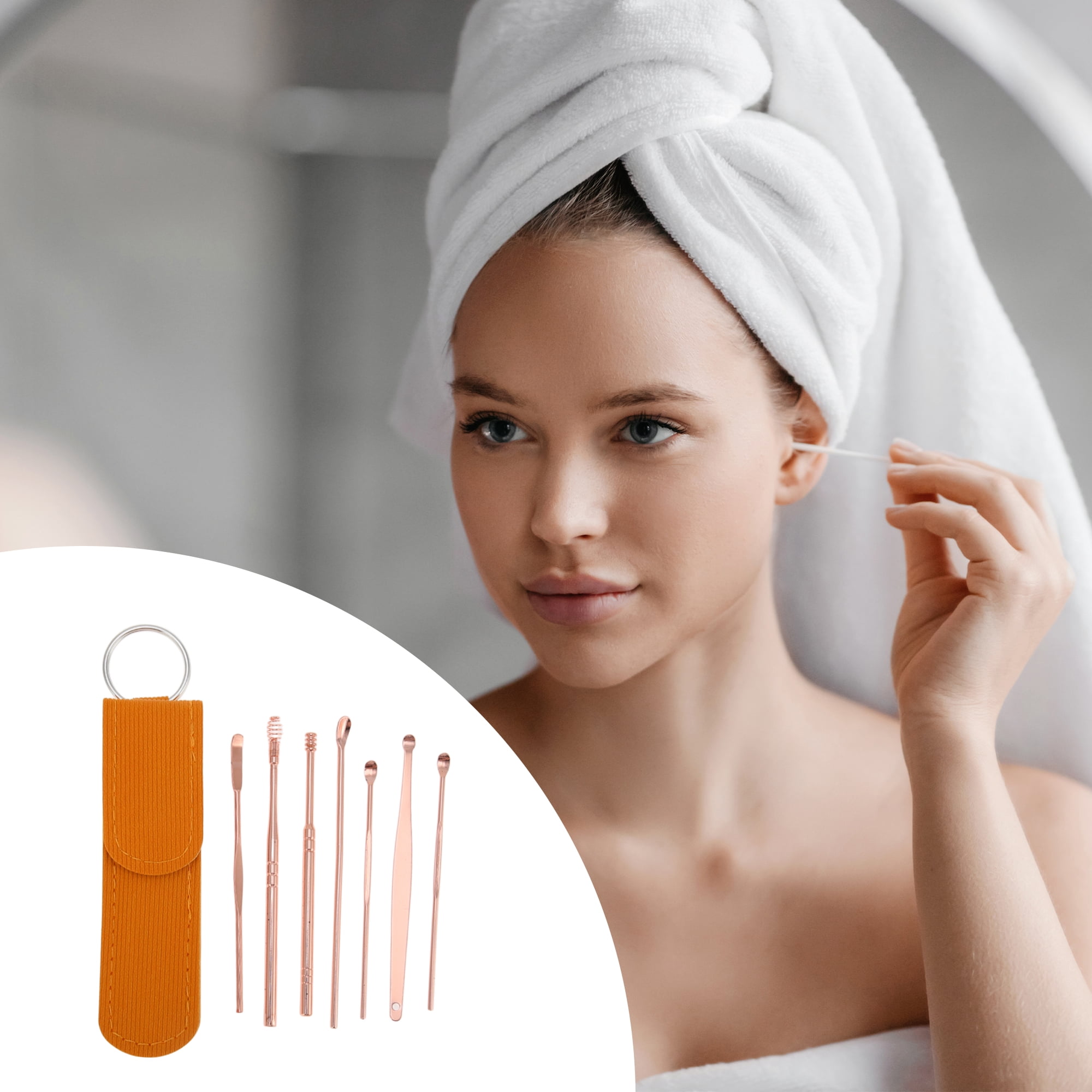 Unique Bargains Long Handle Earwax Cleaning Tool Kit 7Pcs Rose Gold Tone