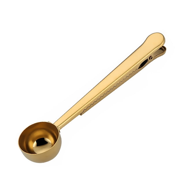 Wosthever Cuchara de café de acero inoxidable 2 en 1, sellador de bolsas de comida, cuchara de té, Clip de sellado, accesorios de cocina, Dorado