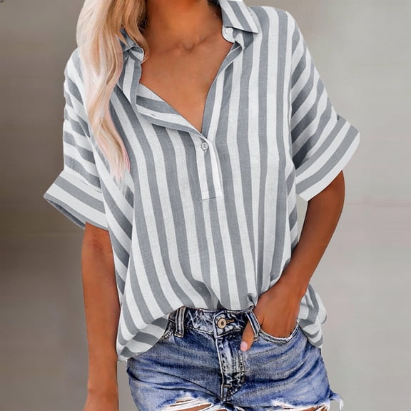 HongQid Women Linen Shirts Button Down Cotton Short Sleeve Blouses V Neck Collared Button-up Striped Tops