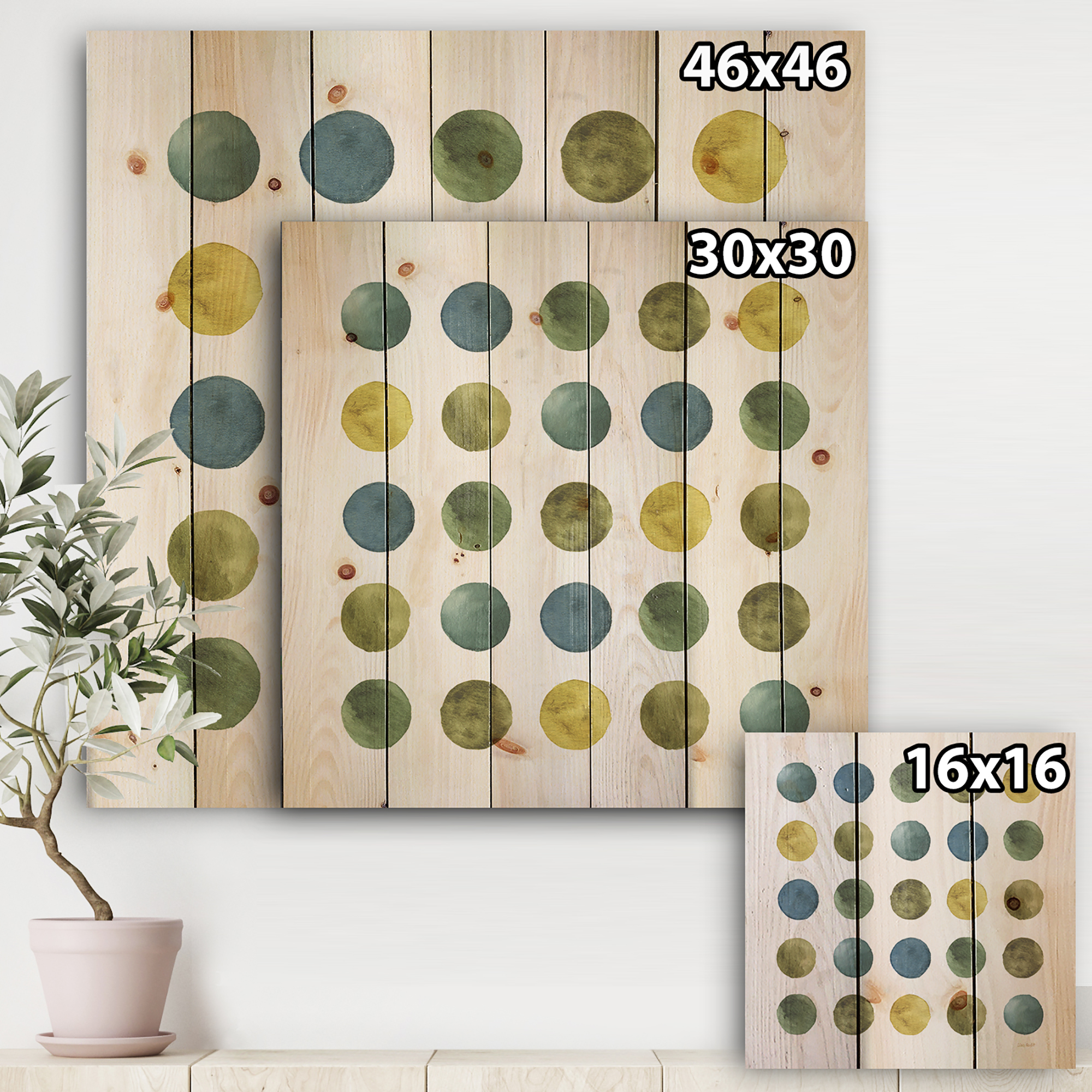 Designart 'Green Tones Geometric Circles' Mid-Century Modern Print on Natural Pine Wood