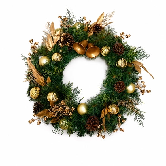 24 Inch Gold Christmas Wreath with Bells and Berries, Artificial Pine Front Door Wreath for Holiday Mantel Window Wall Decor