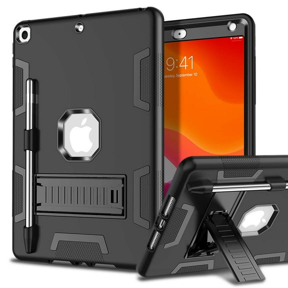 For Apple iPad 9th Generation 2021 / iPad 8th Generation 2020 / iPad 7th Generation 2019 10.2 inch Shockproof Duty Hard Kickstand Case Cover Black/Black