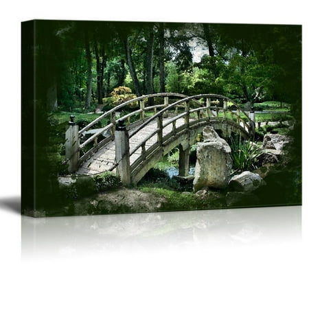 - wall26 - Canvas Print Landscape Wall Art - Vintage Oriental Stone Bridge and Garden - Gallery Wrap Modern Home Decor | Ready to Hang -32x48 inches
