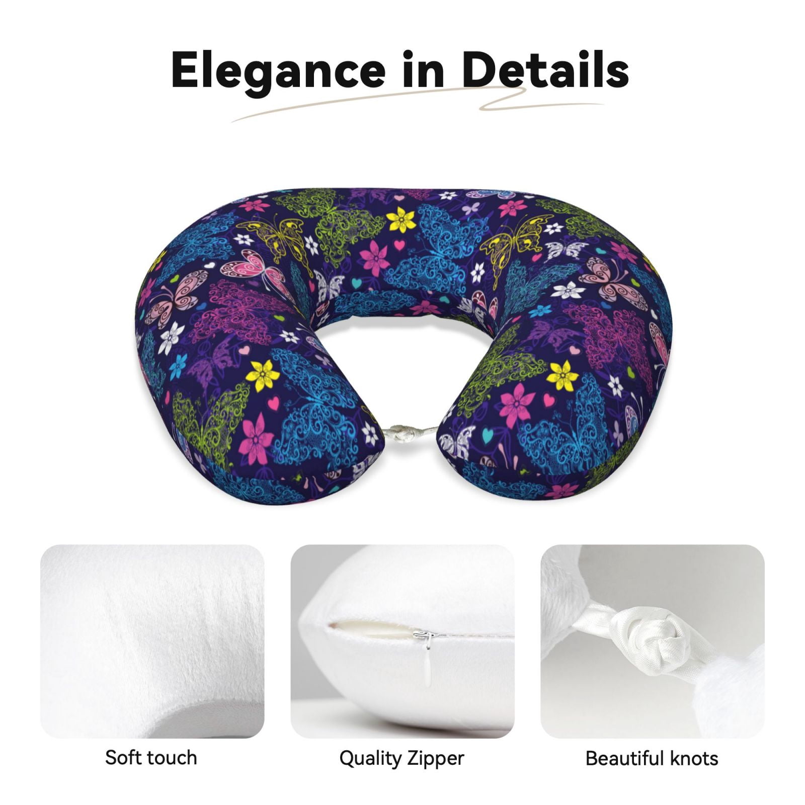 Xecao Colorful Butterflies Print Memory Foam Cervical Neck Pillow Versatile U-Shaped Pillows for Home,Office,Camping,Travelling,Soft Washable Cover