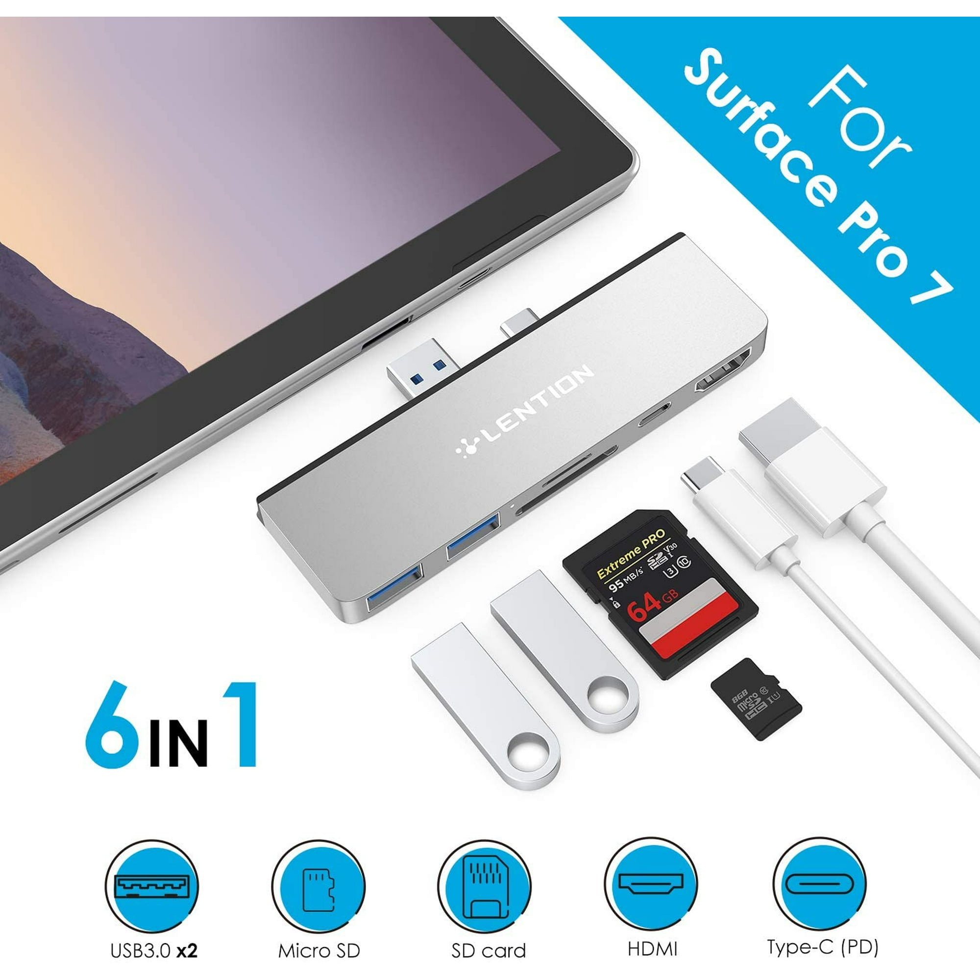 Lention Usb C 6 In 1 Hub For Surface Pro 7 Only With 4k 60hz Hdmi Hdcp 2 2 Sd Micro Sd Card Reader 2 Usb 3 0 60w Walmart Canada
