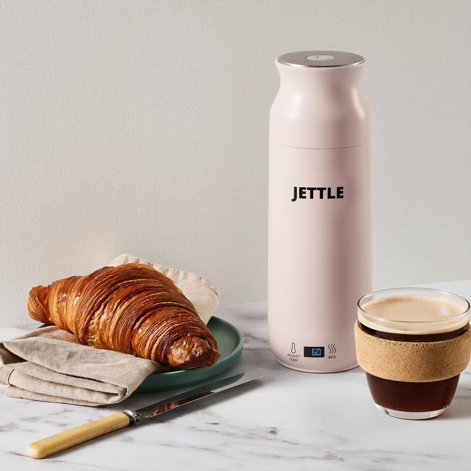 Jettle Travel Electric Kettle - 450ml Bottle-Style Top-Fill No-Spout Water Boiler for Tea & Coffee - Temperature Control, LED Display, Auto Shut-Off - Stainless Steel, 110V