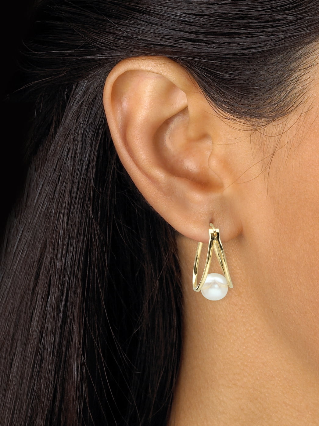 PalmBeach Jewelry Genuine Cultured Freshwater Pearl Double Hoop Earrings in 14k Gold-plated Sterling Silver