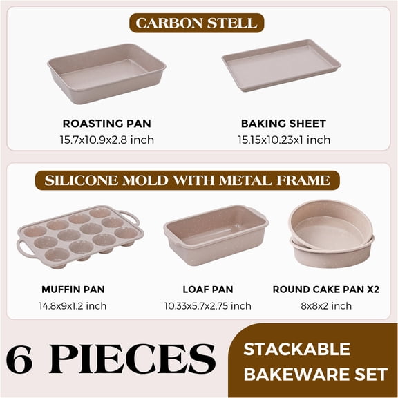 6 Baking Pans Set Silicone Bakeware Sets With Metal Reinforced Frame Nonstick Stackable Carbon Steel Non For Cooking (brown)