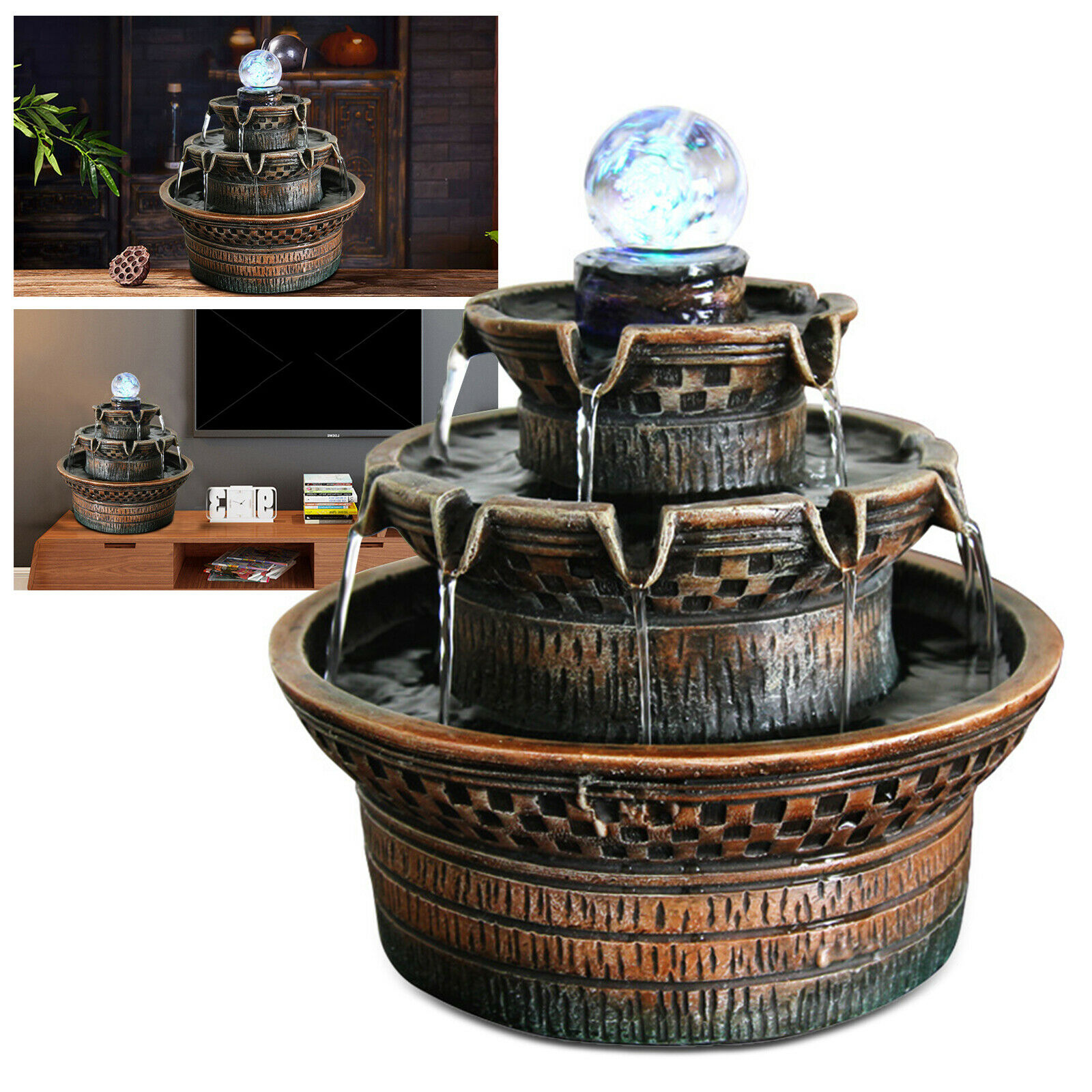 OUKANING 3Tier Water Fountain Ornament Feng Shui Indoor Table Top