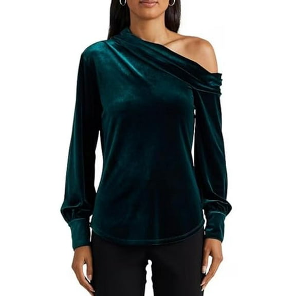 Lauren Ralph Lauren Womens One-Shoulder Velvet Top Hunter Green M