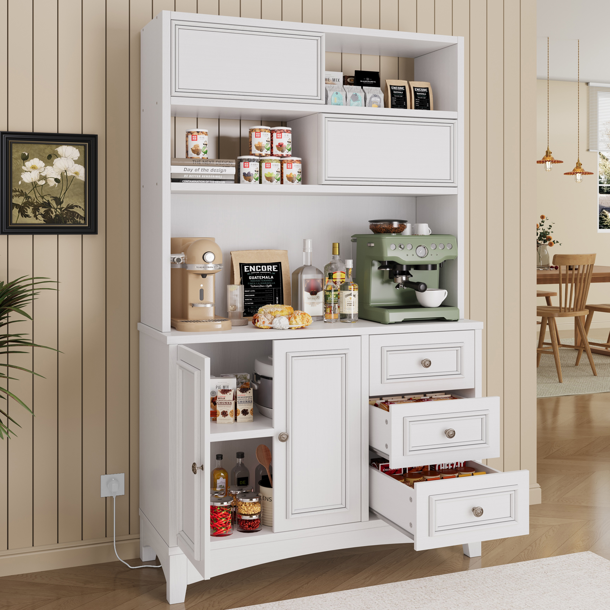 71" Tall Kitchen Pantry Cabinet with Charging Station, Large Food Pantry Storage Cabinet with Microwave Stand for Dining Room, White