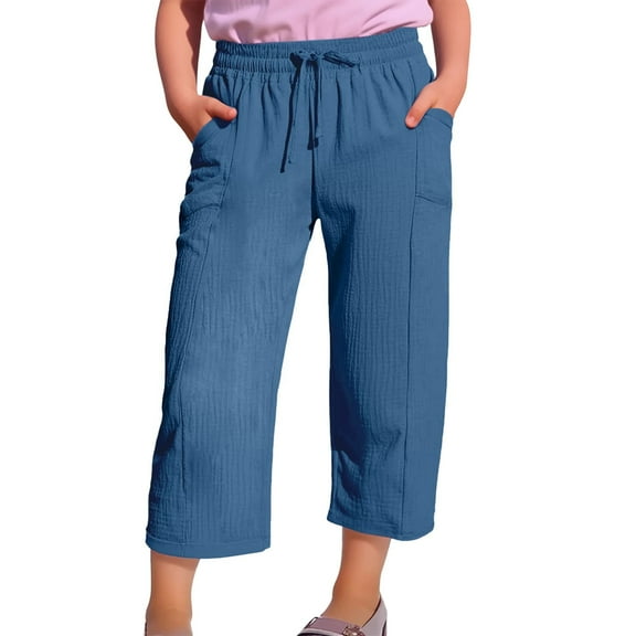 KAUOD Kids Girls Cotton Linen Cropped Pants with Pockets Solid Baggy Wide Leg Straight Summer Casual Pants Sport Trousers
