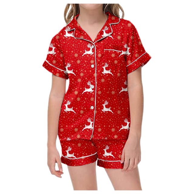 WEAIXIMIUNG Ensemble de Pyjama de Noël Classique pour Enfants avec Chemise à Manches Courtes et Col Boutonné et Shorts 12-13 Ans
