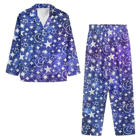 

NETILGEN Halloween Moon & Stars Comfy Button Up Pajamas for Women Set 2PCS V-Neck Button Down Pajama Shirt Snug-Fit Button Pajamas for Women Long Sleeve