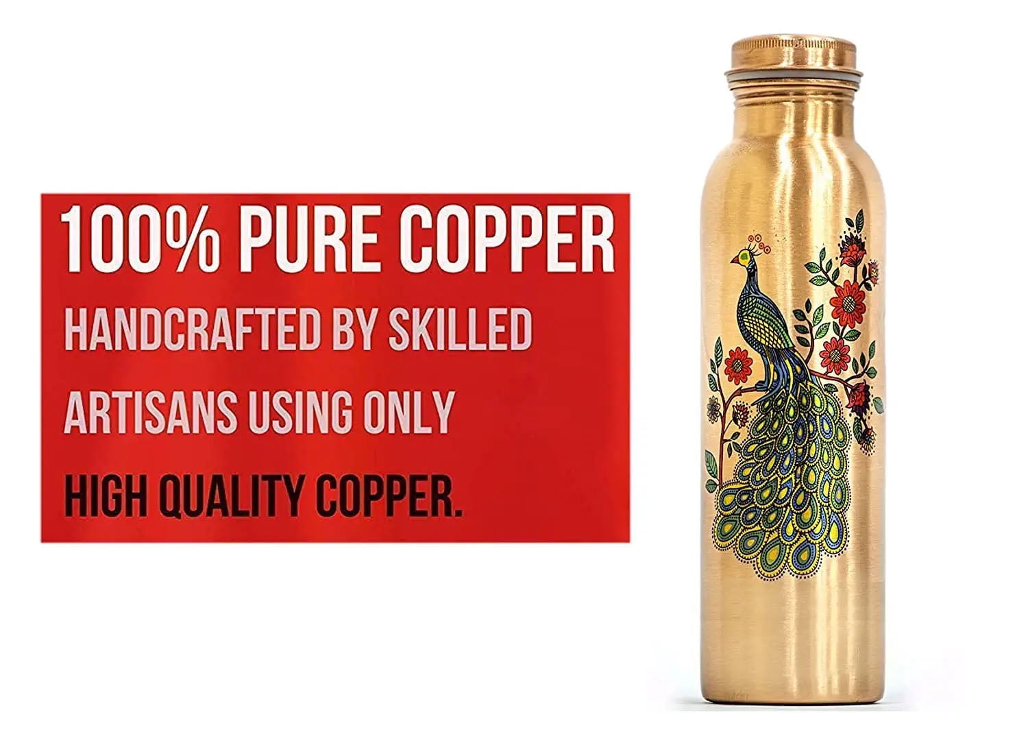 AYURVEDA 100% Pure COPPER 1000ML Peacock Printed Matte Coated Pure Copper Water Bottle 2 Set